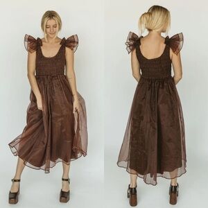 NWT Sofie the label chocolate brown smocked ruffle shoulder organza dress large